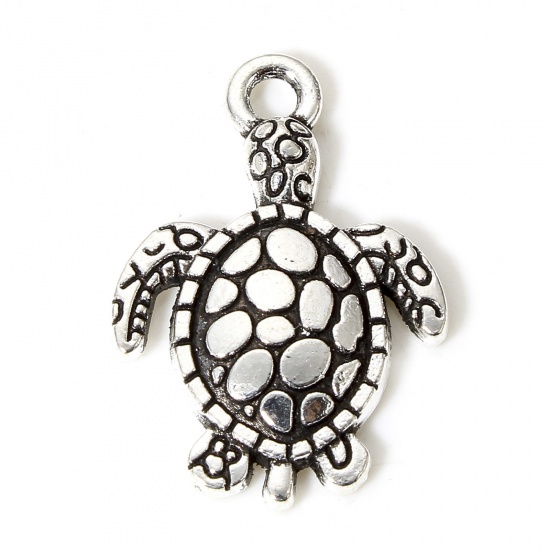 Picture of 100 PCs Zinc Based Alloy Ocean Jewelry Charms Antique Silver Color Sea Turtle Animal 22mm x 15.5mm