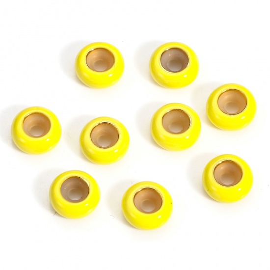Picture of 5 PCs Brass Stopper Spacer Beads With Rubber Core For DIY Jewelry Making Findings Round Yellow Enamel 8.5mm Dia., Hole: Approx 2.2mm                                                                                                                          
