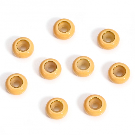 Picture of 5 PCs Brass Stopper Spacer Beads With Rubber Core For DIY Jewelry Making Findings Round Light Orange Enamel 8.5mm Dia., Hole: Approx 2.2mm                                                                                                                    