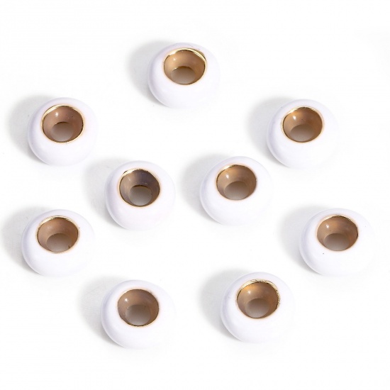 Picture of 5 PCs Brass Stopper Spacer Beads With Rubber Core For DIY Jewelry Making Findings Round White Enamel 8.5mm Dia., Hole: Approx 2.2mm                                                                                                                           