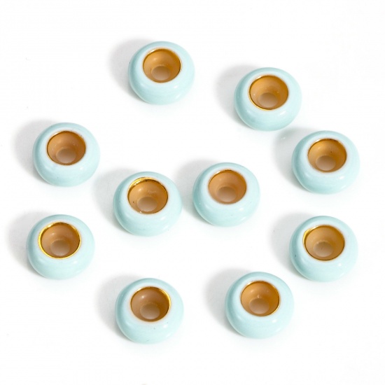 Picture of 5 PCs Brass Stopper Spacer Beads With Rubber Core For DIY Jewelry Making Findings Round Mint Green Enamel 8.5mm Dia., Hole: Approx 2.2mm                                                                                                                      