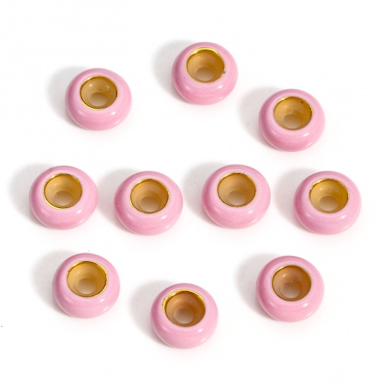 Picture of 5 PCs Brass Stopper Spacer Beads With Rubber Core For DIY Jewelry Making Findings Round Pink Enamel 8.5mm Dia., Hole: Approx 2.2mm                                                                                                                            