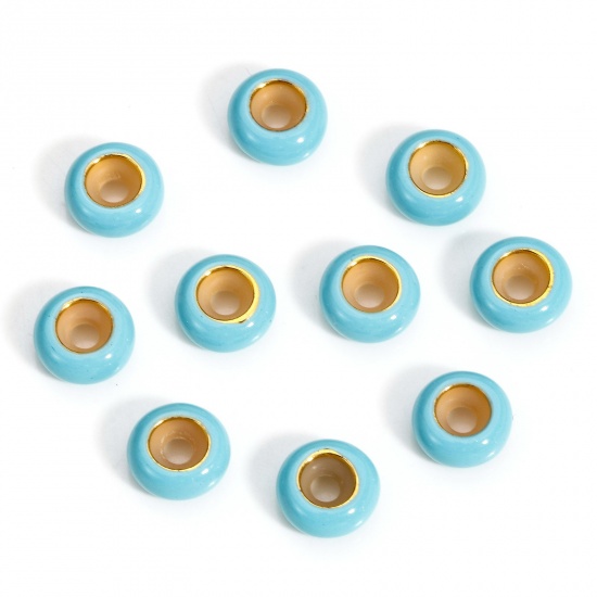 Picture of 5 PCs Brass Stopper Spacer Beads With Rubber Core For DIY Jewelry Making Findings Round Green Blue Enamel 8.5mm Dia., Hole: Approx 2.2mm                                                                                                                      