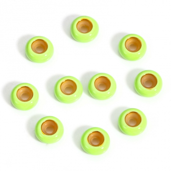 Immagine di 5 Pz Ottone Perline Distanziali con Anima in Gomma per Gioielli Fai-da-te che Fanno Risultati Tondo Verde di Frutta Smalto 8.5mm Dia, Foro: Circa 2.2mm                                                                                                       
