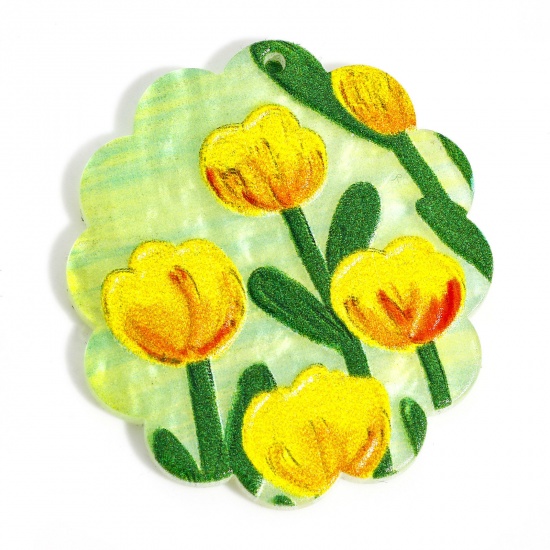 Picture of 10 PCs Acrylic Pendants Relief Oil Painting Style Tulip Flower Multicolor 4cm x 3.5cm