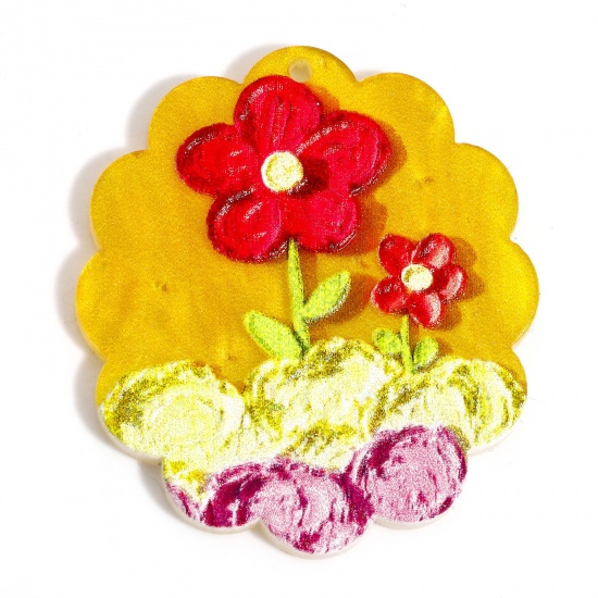 Picture of 10 PCs Acrylic Pendants Relief Oil Painting Style Flower Multicolor 4cm x 3.5cm
