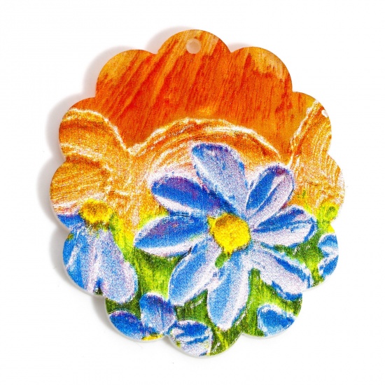 Picture of 10 PCs Acrylic Pendants Relief Oil Painting Style Flower Multicolor 4cm x 3.5cm