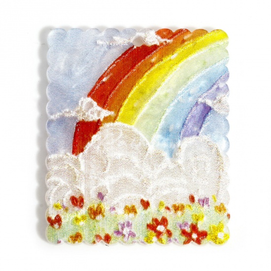 Picture of 10 PCs Acrylic Pendants Relief Oil Painting Style Rainbow Flower Multicolor 3.5cm x 2.9cm