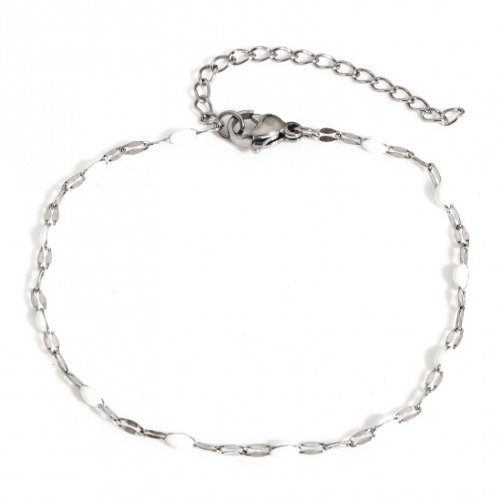 Picture of 1 Piece 304 Stainless Steel Lips Chain Bracelets Silver Tone White Enamel 17.5cm(6 7/8") long