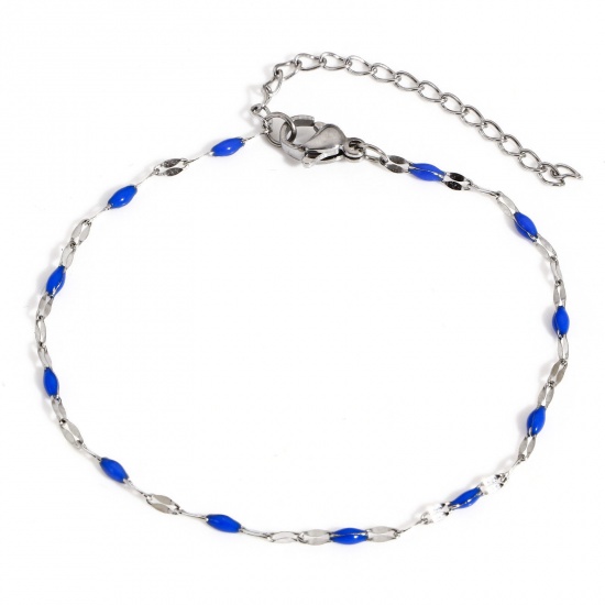 Picture of 1 Piece 304 Stainless Steel Lips Chain Bracelets Silver Tone Royal Blue Enamel 17.5cm(6 7/8") long