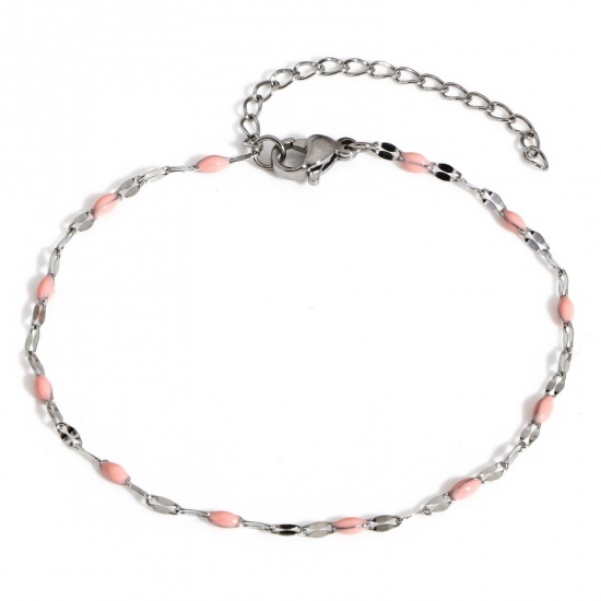 Picture of 1 Piece 304 Stainless Steel Lips Chain Bracelets Silver Tone Light Pink Enamel 17.5cm(6 7/8") long