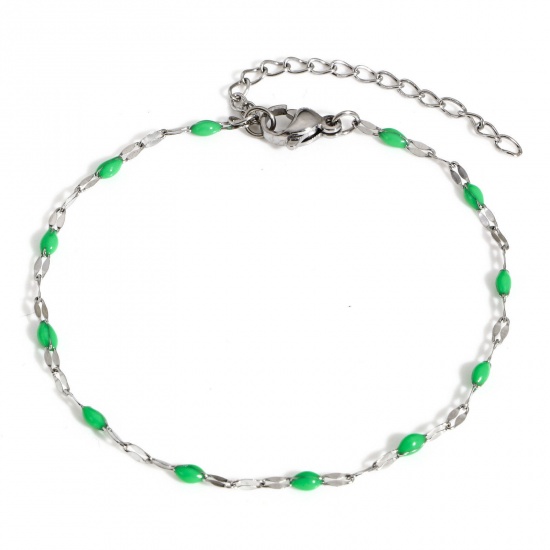 Picture of 1 Piece 304 Stainless Steel Lips Chain Bracelets Silver Tone Green Enamel 17.5cm(6 7/8") long