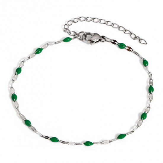 Picture of 1 Piece 304 Stainless Steel Lips Chain Bracelets Silver Tone Dark Green Enamel 17.5cm(6 7/8") long