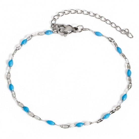 Picture of 1 Piece 304 Stainless Steel Lips Chain Bracelets Silver Tone Blue Enamel 17.5cm(6 7/8") long