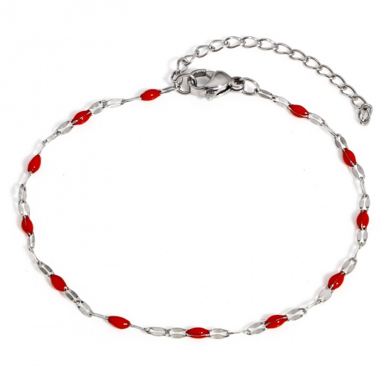 Picture of 1 Piece 304 Stainless Steel Lips Chain Bracelets Silver Tone Red Enamel 17.5cm(6 7/8") long