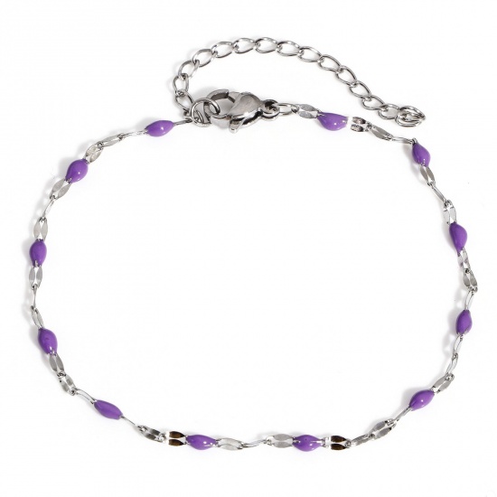 Picture of 1 Piece 304 Stainless Steel Lips Chain Bracelets Silver Tone Purple Enamel 17.5cm(6 7/8") long