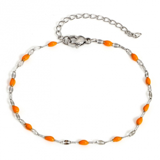 Picture of 1 Piece 304 Stainless Steel Lips Chain Bracelets Silver Tone Orange Enamel 17.5cm(6 7/8") long