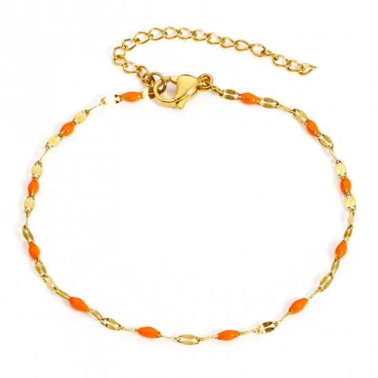 Picture of 1 Piece Eco-friendly PVD Vacuum Plating 304 Stainless Steel Lips Chain Bracelets Gold Plated Orange Enamel 17.5cm(6 7/8") long