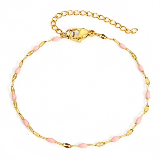 Picture of 1 Piece Eco-friendly PVD Vacuum Plating 304 Stainless Steel Lips Chain Bracelets Gold Plated Light Pink Enamel 17.5cm(6 7/8") long