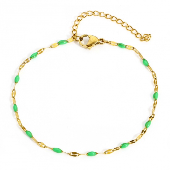 Picture of 1 Piece Eco-friendly PVD Vacuum Plating 304 Stainless Steel Lips Chain Bracelets Gold Plated Green Enamel 17.5cm(6 7/8") long