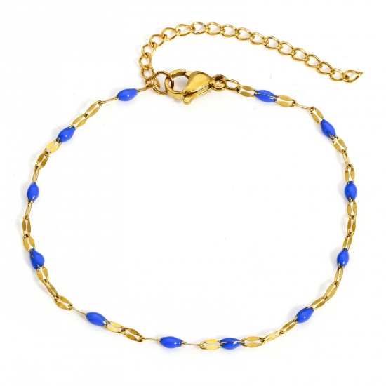 Immagine di 1 Pz Placcatura Sottovuoto 304 Acciaio Inossidabile Catena delle Labbra Braccialetti Oro Placcato Blu Marino Smalto 17.5cm Lunghezza