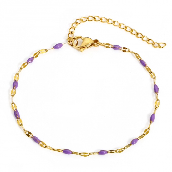 Immagine di 1 Pz Placcatura Sottovuoto 304 Acciaio Inossidabile Catena delle Labbra Braccialetti Oro Placcato Colore Viola Smalto 17.5cm Lunghezza