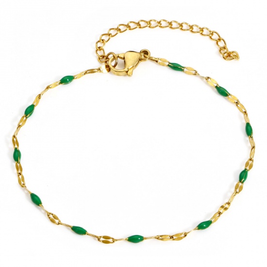 Picture of 1 Piece Eco-friendly PVD Vacuum Plating 304 Stainless Steel Lips Chain Bracelets Gold Plated Dark Green Enamel 17.5cm(6 7/8") long
