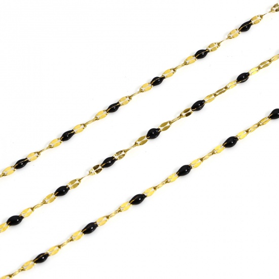 Picture of 1 M 304 Stainless Steel Enamel Lips Chain For Handmade DIY Jewelry Making Findings Gold Plated Black 2mm