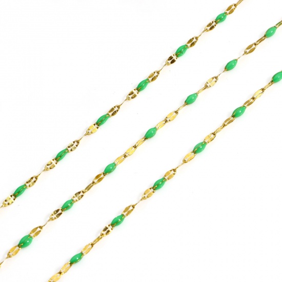 Picture of 1 M 304 Stainless Steel Enamel Lips Chain For Handmade DIY Jewelry Making Findings Gold Plated Green 2mm