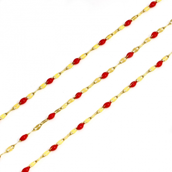 Picture of 1 M 304 Stainless Steel Enamel Lips Chain For Handmade DIY Jewelry Making Findings Gold Plated Red 2mm