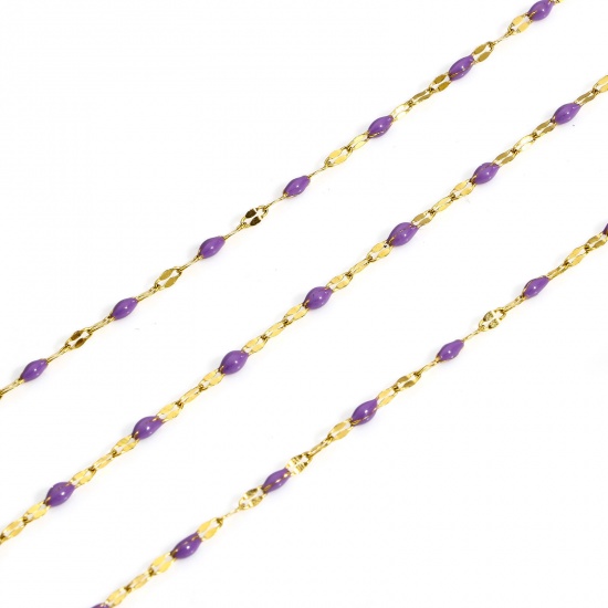 Picture of 1 M 304 Stainless Steel Enamel Lips Chain For Handmade DIY Jewelry Making Findings Gold Plated Purple 2mm