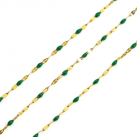 Picture of 1 M 304 Stainless Steel Enamel Lips Chain For Handmade DIY Jewelry Making Findings Gold Plated Dark Green 2mm