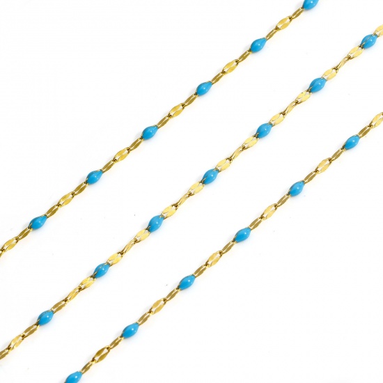 Picture of 1 M Vacuum Plating 304 Stainless Steel Enamel Lips Chain For Handmade DIY Jewelry Making Findings Gold Plated Skyblue 2mm