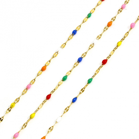 Picture of 1 M 304 Stainless Steel Enamel Lips Chain For Handmade DIY Jewelry Making Findings Gold Plated Multicolor 2mm
