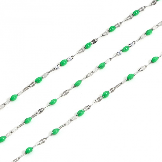 Picture of 1 M 304 Stainless Steel Enamel Lips Chain For Handmade DIY Jewelry Making Findings Silver Tone Green 2mm