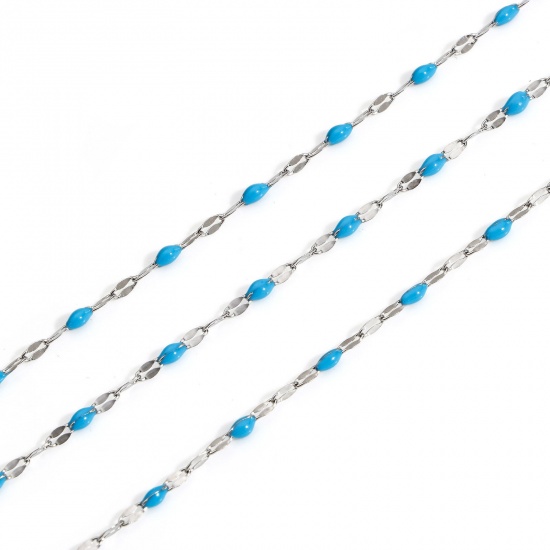 Picture of 1 M 304 Stainless Steel Enamel Lips Chain For Handmade DIY Jewelry Making Findings Silver Tone Skyblue 2mm
