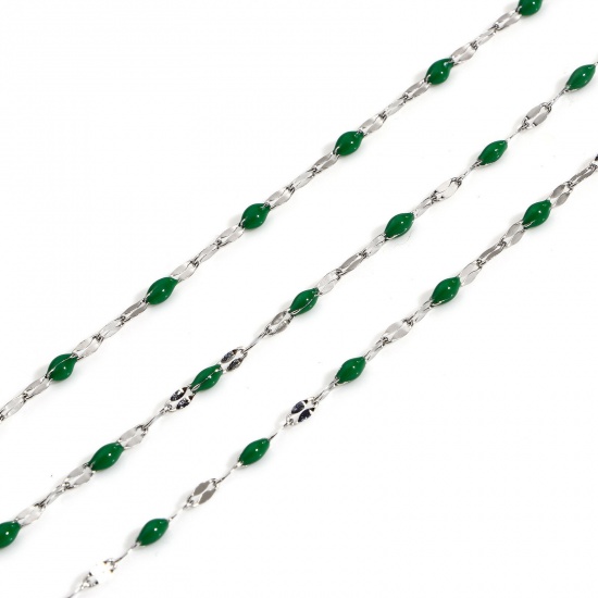 Picture of 1 M 304 Stainless Steel Enamel Lips Chain For Handmade DIY Jewelry Making Findings Silver Tone Dark Green 2mm