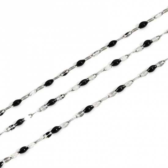 Picture of 1 M 304 Stainless Steel Enamel Lips Chain For Handmade DIY Jewelry Making Findings Silver Tone Black 2mm