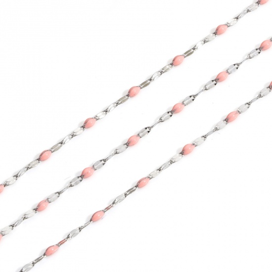 Picture of 1 M 304 Stainless Steel Enamel Lips Chain For Handmade DIY Jewelry Making Findings Silver Tone Light Pink 2mm