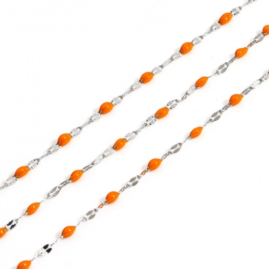 Picture of 1 M 304 Stainless Steel Enamel Lips Chain For Handmade DIY Jewelry Making Findings Silver Tone Orange 2mm