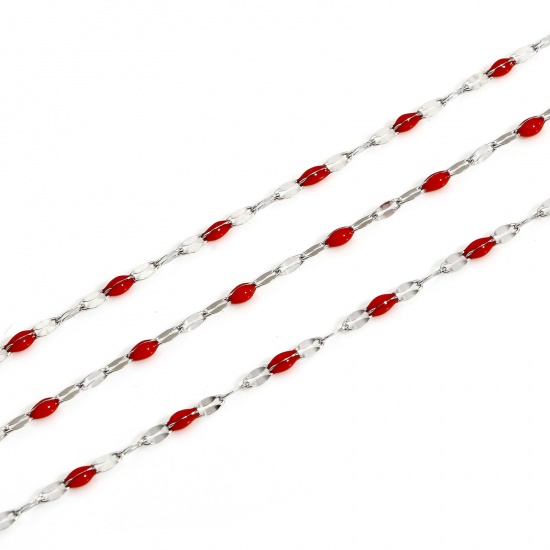 Picture of 1 M 304 Stainless Steel Enamel Lips Chain For Handmade DIY Jewelry Making Findings Silver Tone Red 2mm