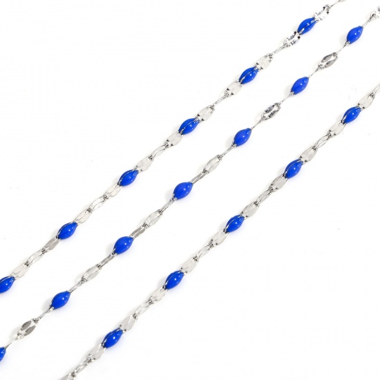 Picture of 1 M 304 Stainless Steel Enamel Lips Chain For Handmade DIY Jewelry Making Findings Silver Tone Royal Blue 2mm