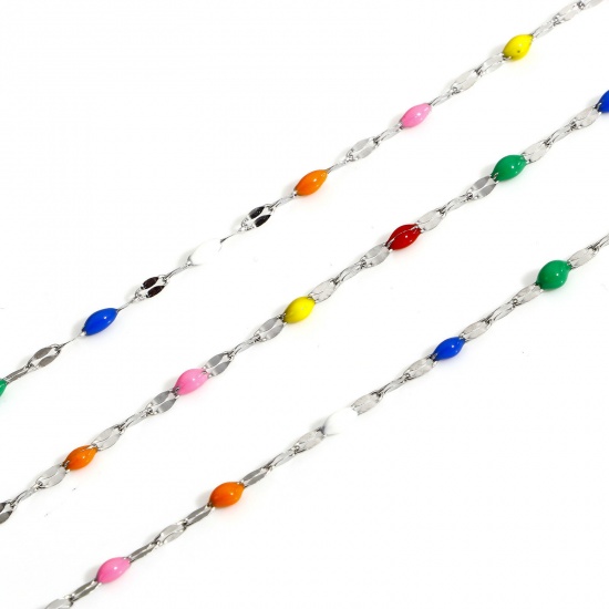 Picture of 1 M 304 Stainless Steel Enamel Lips Chain For Handmade DIY Jewelry Making Findings Silver Tone Multicolor 2mm