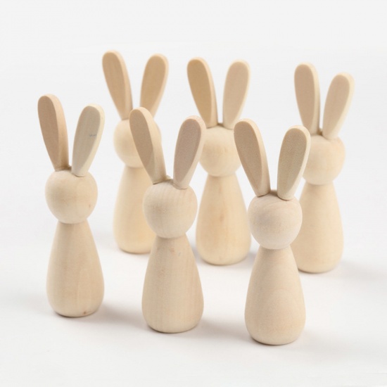 Picture of 1 Piece Wood Easter Day Unfinished Blank Peg Doll Bodies For DIY Painting Craft Ornament Natural Rabbit Animal 8.8cm x 3cm