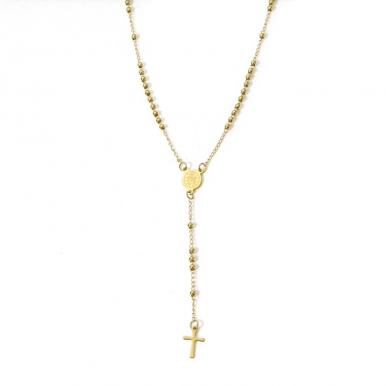 Picture of 1 Piece 304 Stainless Steel Religious Handmade Link Chain Prayer Beads Rosary Necklace 18K Gold Color Cross Virgin Mary 53cm(20 7/8") long
