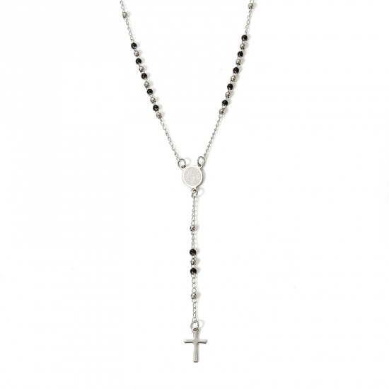 Picture of 1 Piece 304 Stainless Steel Religious Handmade Link Chain Prayer Beads Rosary Necklace Silver Tone Cross Virgin Mary 53cm(20 7/8") long
