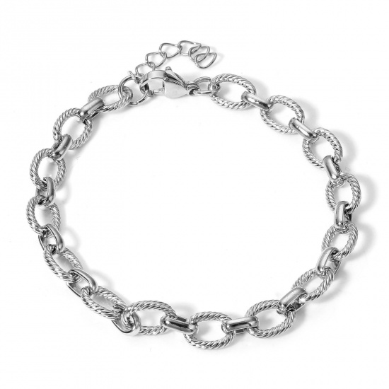 Picture of 1 Piece 304 Stainless Steel Link Cable Chain Bracelets Silver Tone With Lobster Claw Clasp And Extender Chain 18cm(7 1/8") long