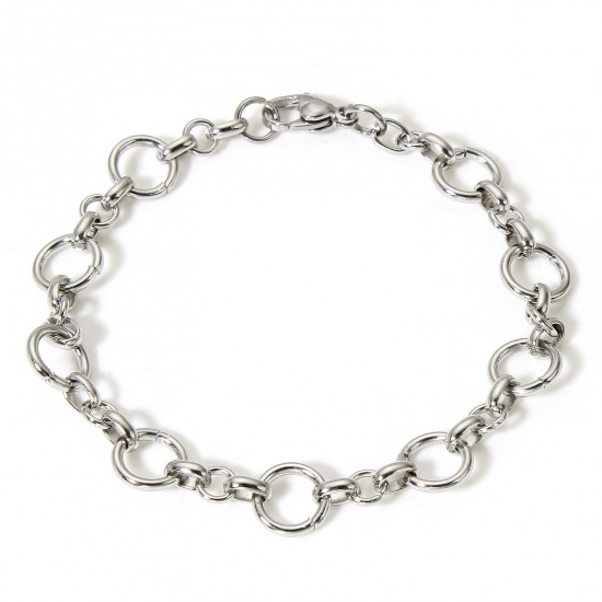Picture of 1 Piece 304 Stainless Steel Handmade Link Chain Bracelets Silver Tone 18.5cm(7 2/8") long