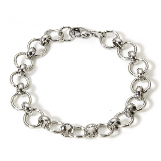 Picture of 1 Piece 304 Stainless Steel Handmade Link Chain Bracelets Silver Tone 19.5cm(7 5/8") long