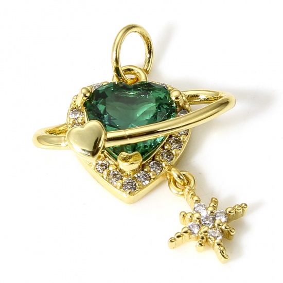 Imagen de 1 Unidad Latón Galaxia Colgantes Charms Planeta 18K Oro Real Chapado Verde Corazón Micro Pave Claro Circón Artificial 22mm x 16mm